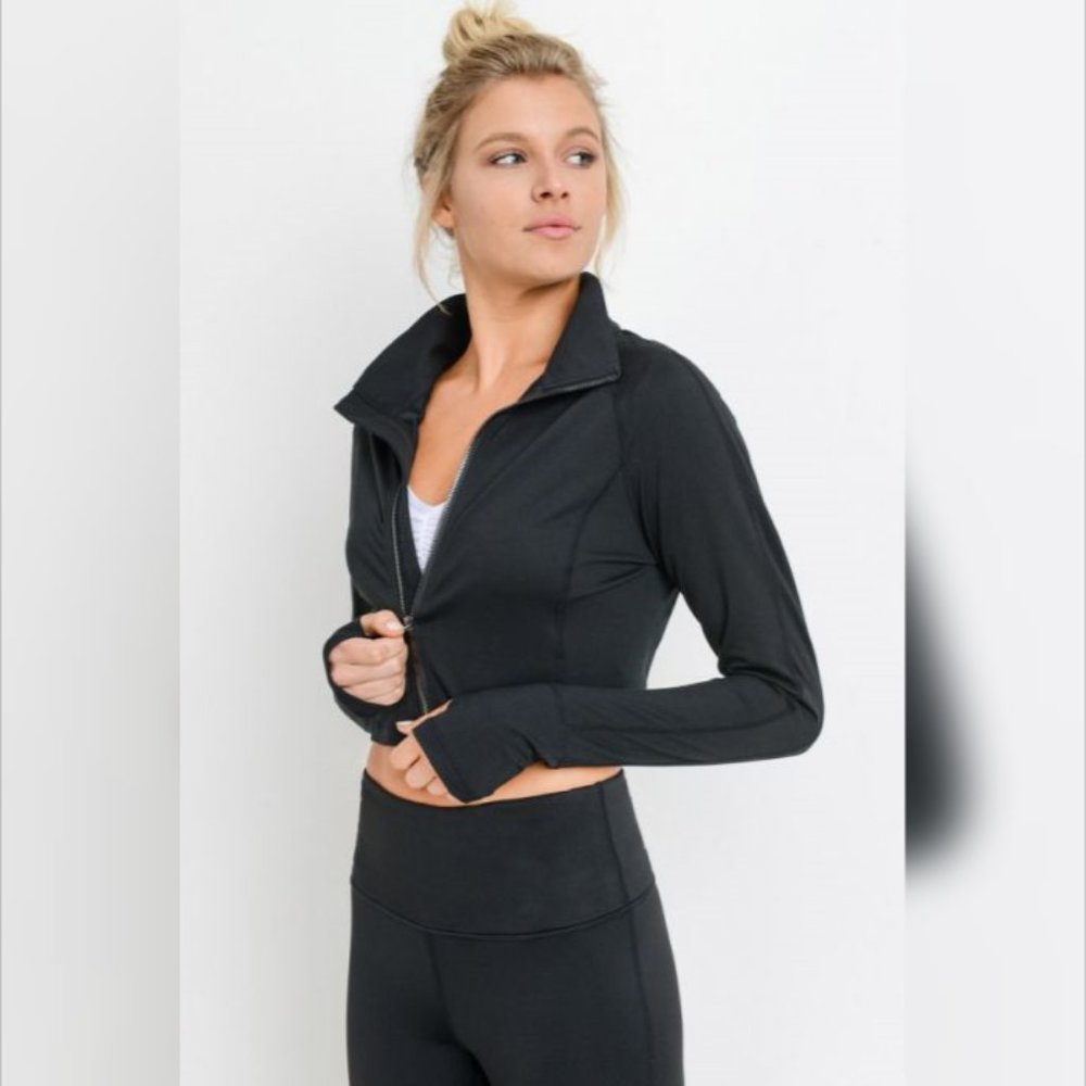 Zip-Up Crop Active Jacket with Thumbholes - Picture 2 of 7